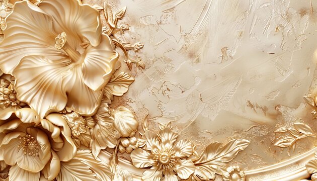 Intricate gold floral design on a textured beige background.  Perfect for wedding invitations, stationery, and more.
