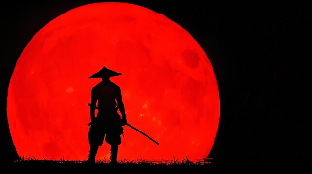 Japanese art with ancient design of man warrior with sword on background with big circle symbolizing rising sun. Illustration for cover, card, postcard, interior design, brochure or presentation.
