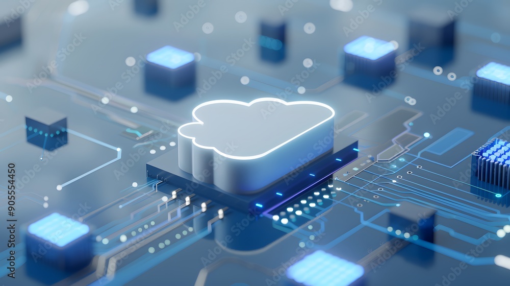 Poster futuristic cloud computing concept with glowing circuit connections and 3d cloud shape representing 