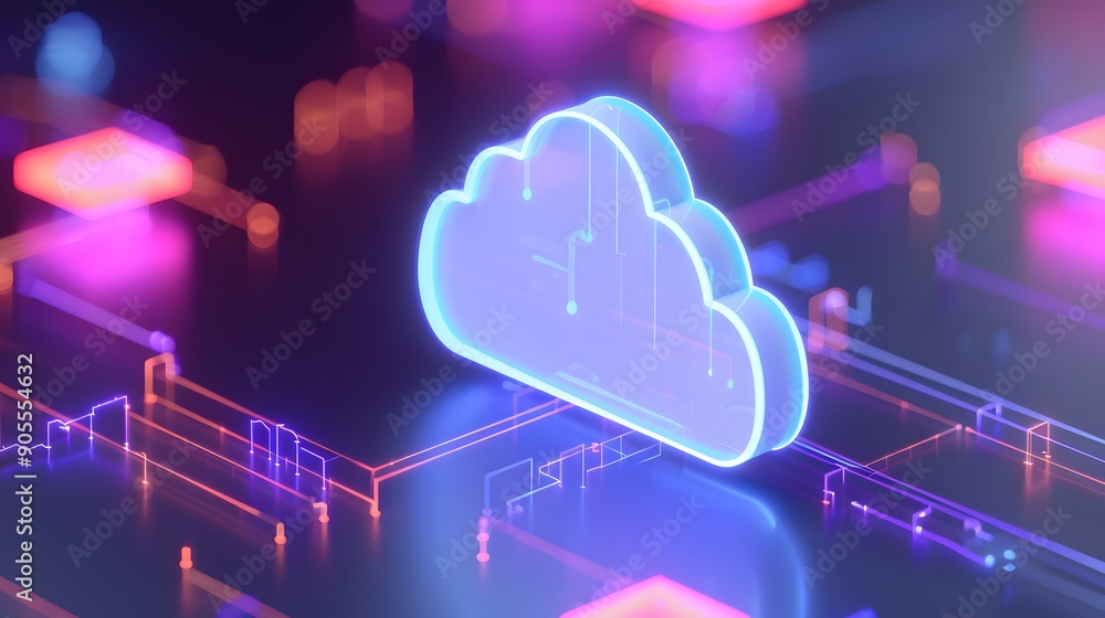 Poster futuristic cloud computing concept with glowing cloud icon, digital circuits, and neon lights. ideal