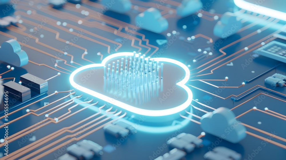 Poster futuristic cloud computing concept with glowing cloud icon, digital circuit board background, and te