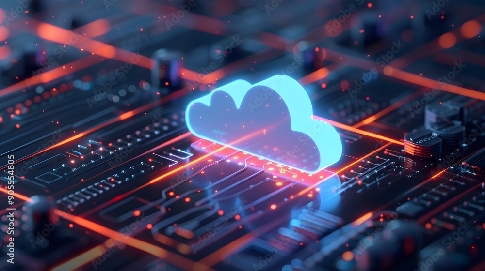 Poster futuristic cloud computing concept with glowing cloud icon on circuit board. modern technology, digi