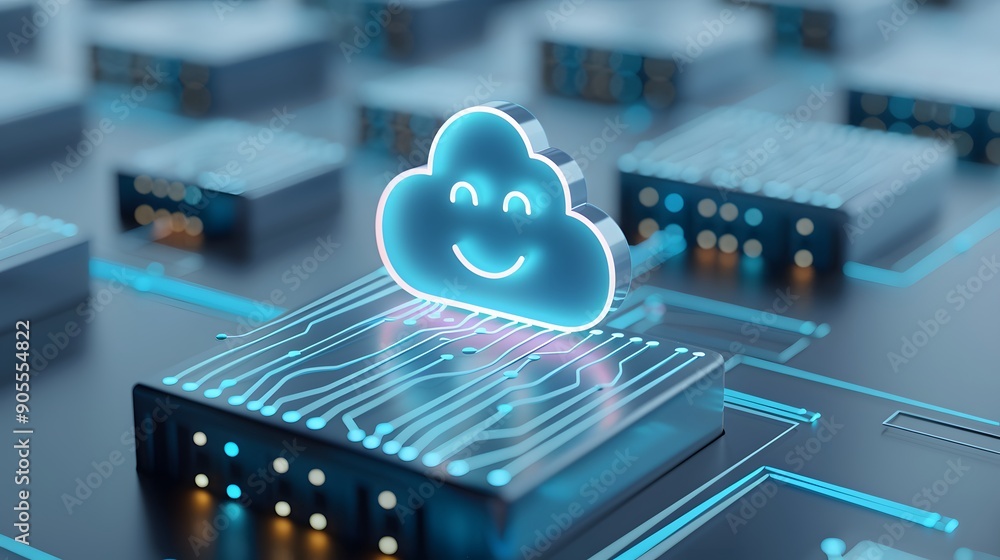 Poster futuristic cloud computing concept with glowing cloud icon on circuit board. technology, data storag