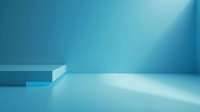 Minimalist blue background with a platform and light beam. Perfect for product display or presentation.