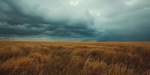 Beautiful shot of wheat field with cloudy sky. AI generation.