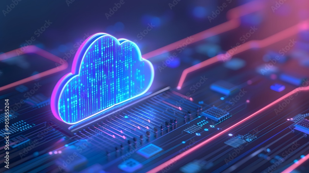 Poster futuristic cloud computing concept with glowing data storage on a high-tech circuit board. modern te