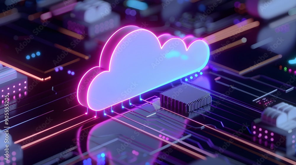 Poster futuristic cloud computing concept with glowing digital cloud and circuit board for technology, data