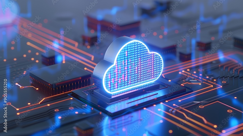 Poster futuristic cloud computing concept with glowing digital cloud icon on electronic circuit board, repr