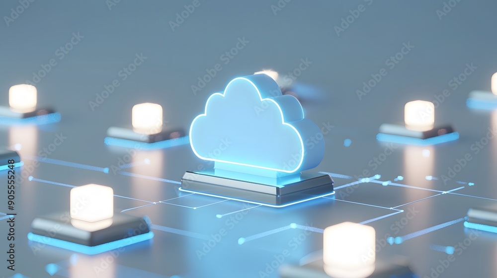 Poster futuristic cloud computing concept with glowing icons and server nodes interconnected on a blue back