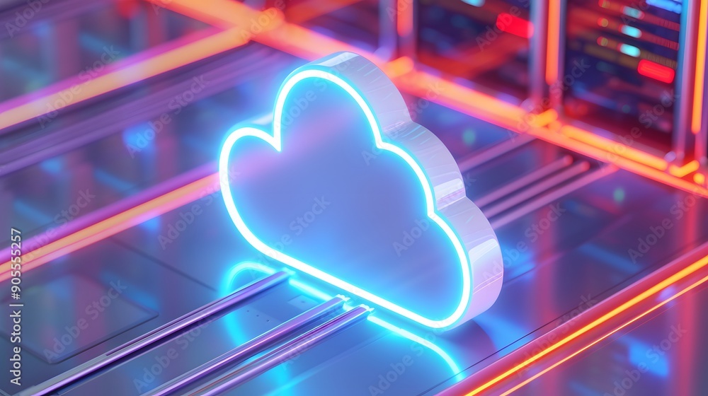 Poster Futuristic cloud computing concept with glowing neon cloud icon in a colorful data center. Digital technology and data storage visualization.