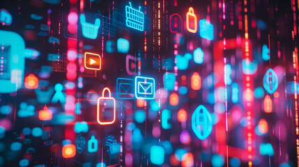 Vibrant Digital Icons in Neon Lights