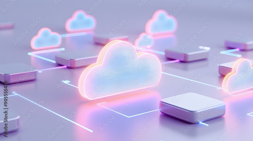 Poster futuristic cloud computing concept with glowing network connections, representing technology, digita