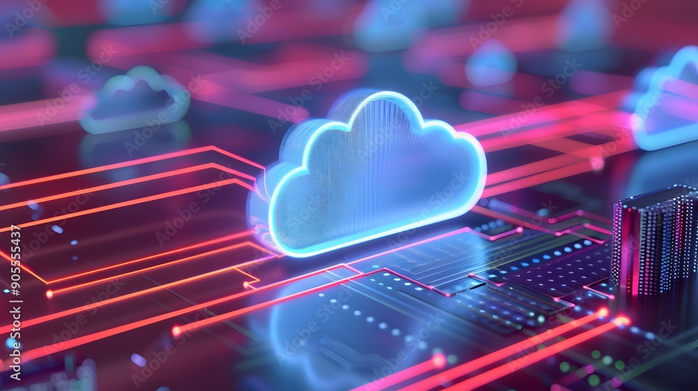 Poster futuristic cloud computing concept with glowing virtual clouds and digital circuits on a vibrant bac