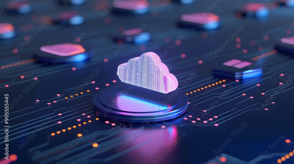 Poster futuristic cloud computing concept with illuminated cloud icons on a digital circuit board. blue and