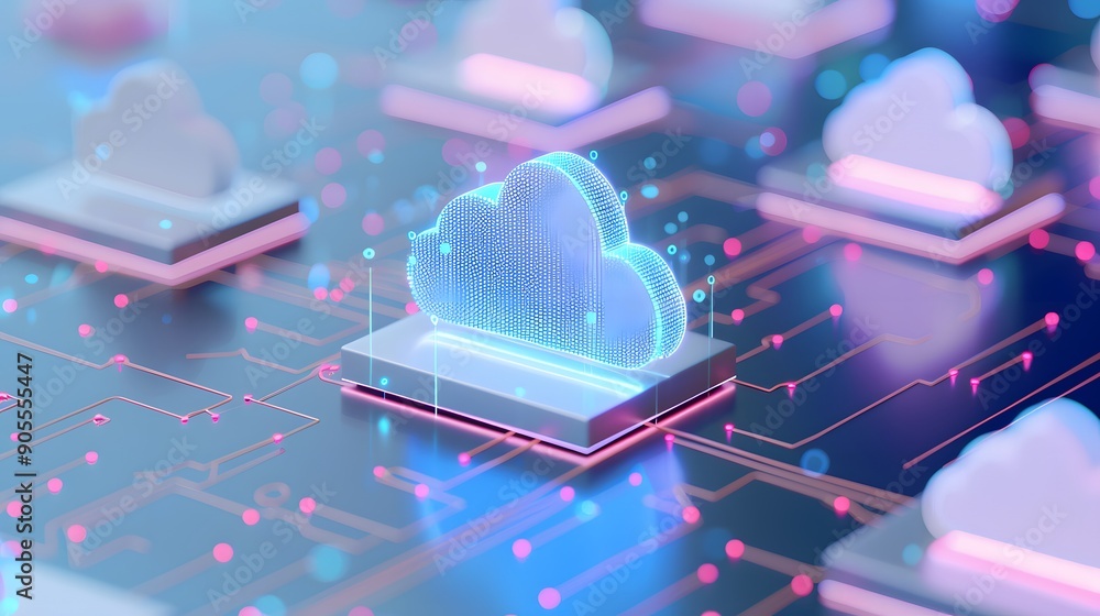 Poster futuristic cloud computing concept with holographic cloud icons glowing on a circuit board, represen