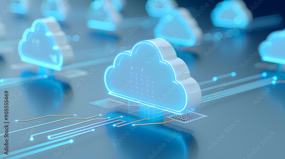 Poster futuristic cloud computing concept with illuminated cloud symbols on a digital surface. ideal for te