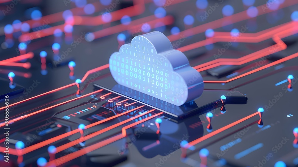 Poster futuristic cloud computing concept with interconnected digital circuits and vibrant colors, represen