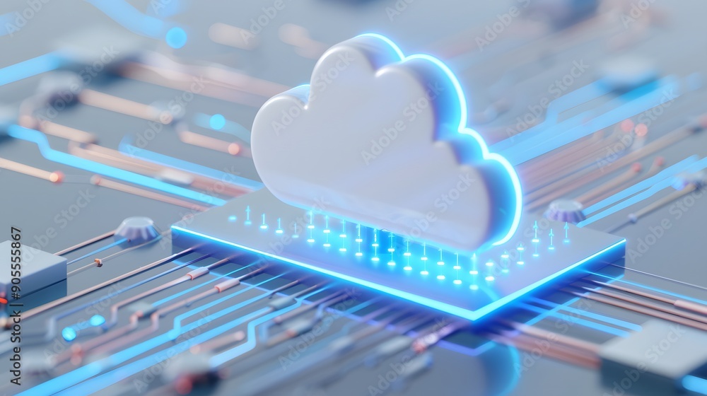 Poster futuristic cloud computing concept with neon lights and circuits, representing data storage and tech