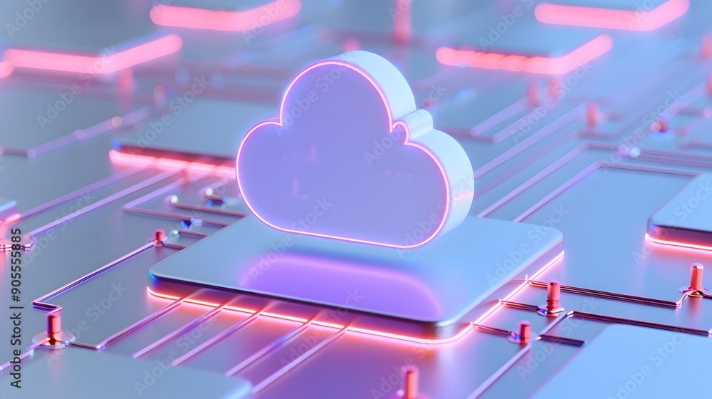 Poster futuristic cloud computing concept with neon lights and digital circuits, illustrating advanced tech