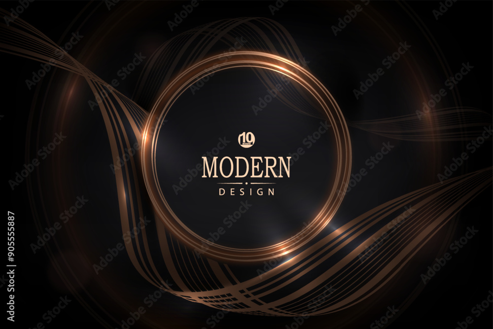 Wall mural composition with a round abstract frame in gold color on a black background.