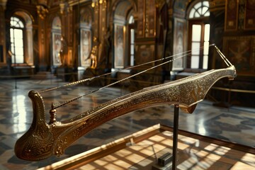 Ornate, golden crossbow on display in a grand, sunlit palace hall.