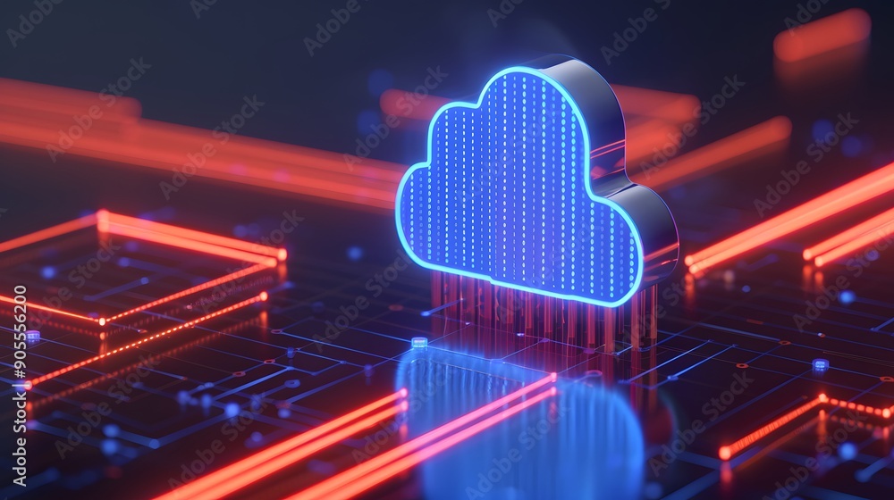Poster futuristic cloud computing concept with neon lights, showcasing modern data storage and digital tech
