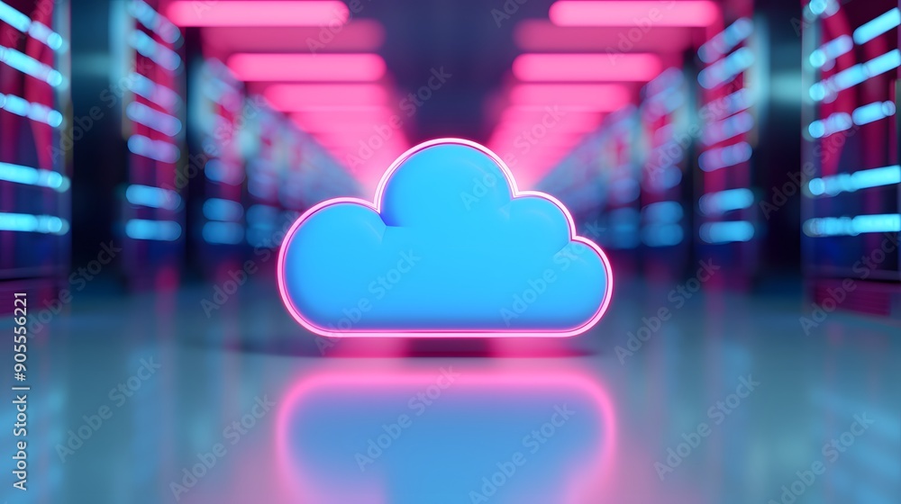 Poster futuristic cloud computing concept with neon lights in a data center corridor, symbolizing modern te