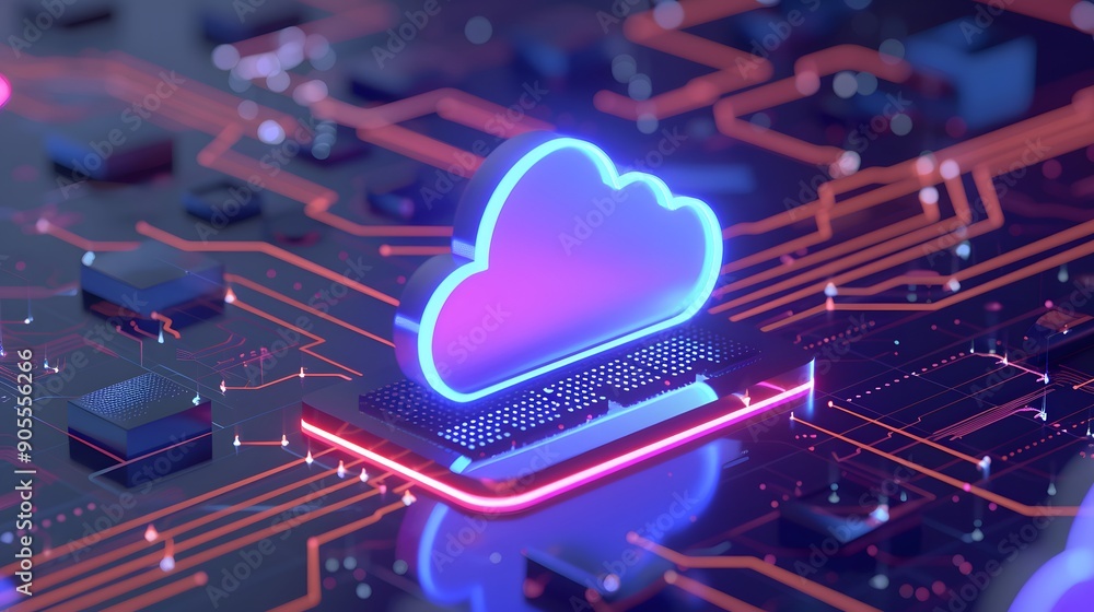 Poster futuristic cloud computing concept with neon lights on a circuit board. modern technology and digita
