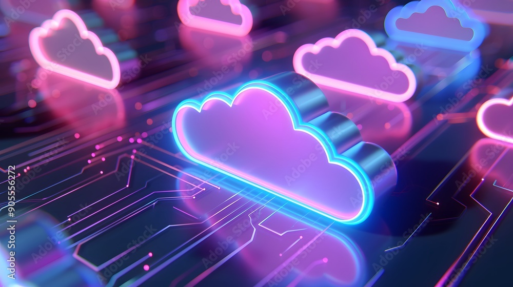 Poster futuristic cloud computing concept with neon lights representing digital data storage and virtual ne