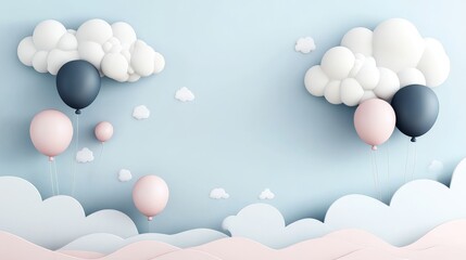 Obraz premium Serenity in the Sky: Minimalist 3D Rendering with Balloons, Clouds, and Blue Sky in Pink and Navy Tones