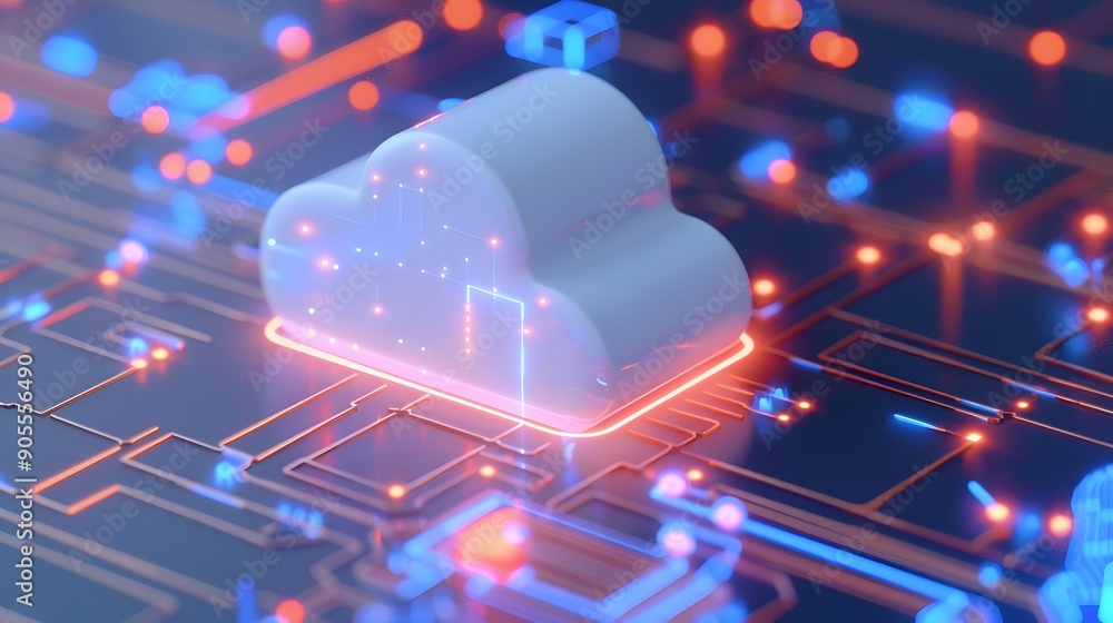 Poster futuristic cloud computing concept with neon lights. digital data storage and technology innovation 