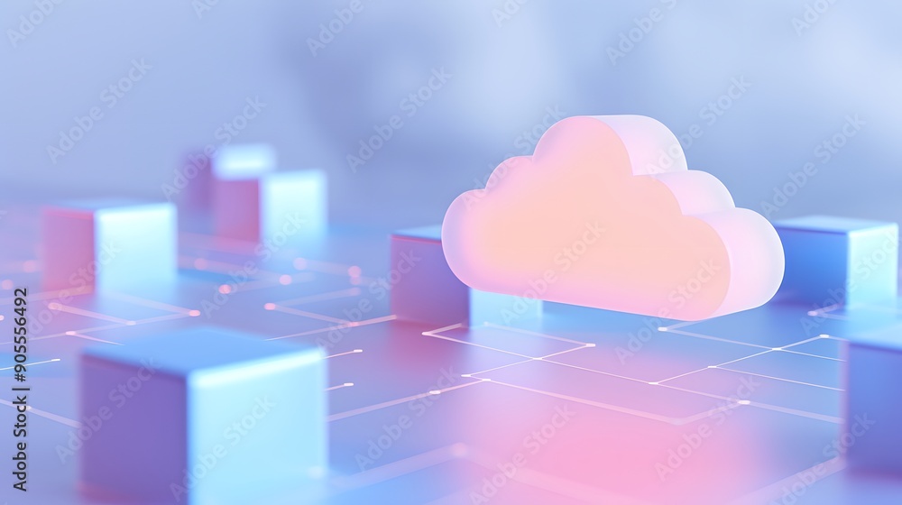 Poster futuristic cloud computing concept with pink cloud and glowing blue blocks on a digital surface, rep