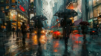 People walking with umbrellas in a rainy city street.  Neon lights reflect in the puddles.  The image has a blurred, dreamy, and melancholic feel.