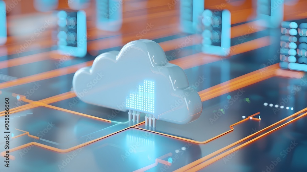 Poster futuristic cloud computing concept with virtual data digital network connections, representing techn