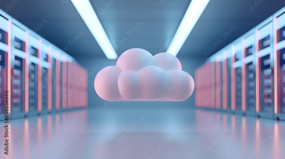 Poster futuristic cloud computing data center with a glowing cloud icon floating within a modern, high-tech