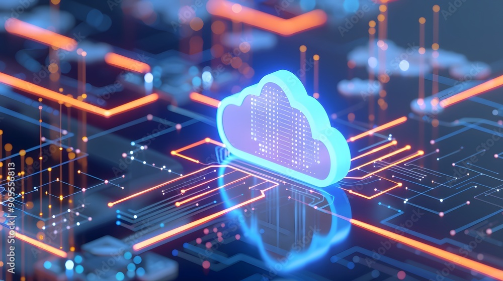 Poster futuristic cloud computing digital concept with illuminated circuits and a glowing blue cloud symbol