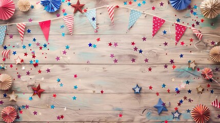 Obraz premium Red, white, and blue bunting and confetti on a rustic wooden background. Perfect for Fourth of July or patriotic celebrations.
