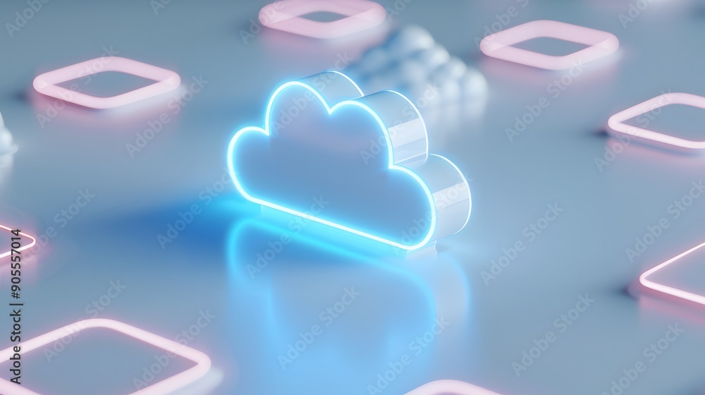 Poster futuristic cloud computing icon surrounded by glowing geometric shapes, illustrating modern data sto