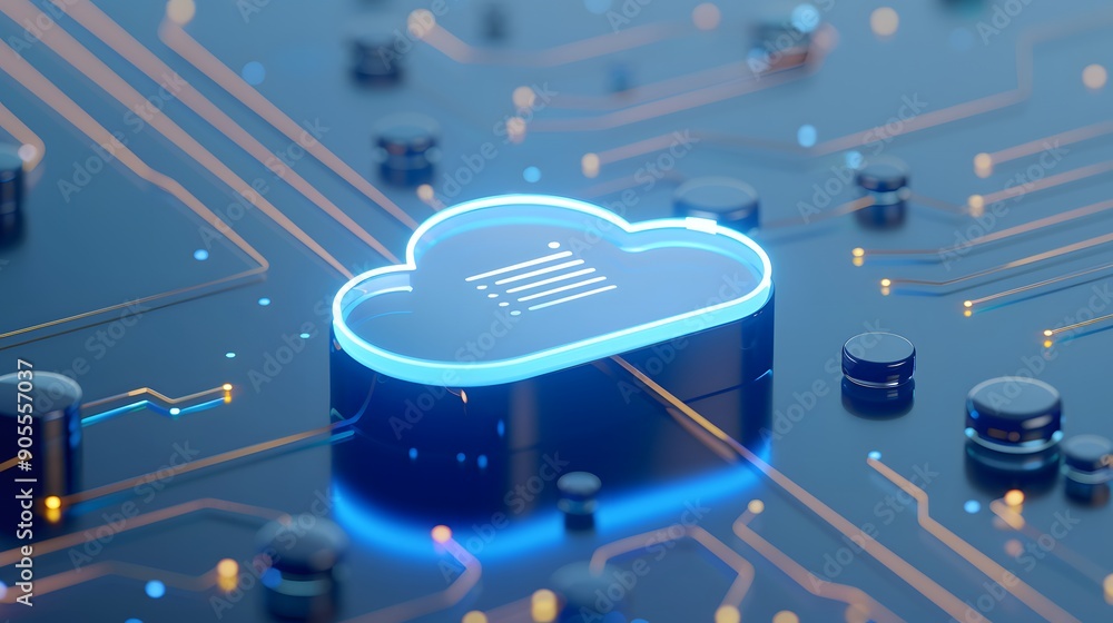 Poster futuristic cloud computing illustration showing technology connections in a digital world with glowi