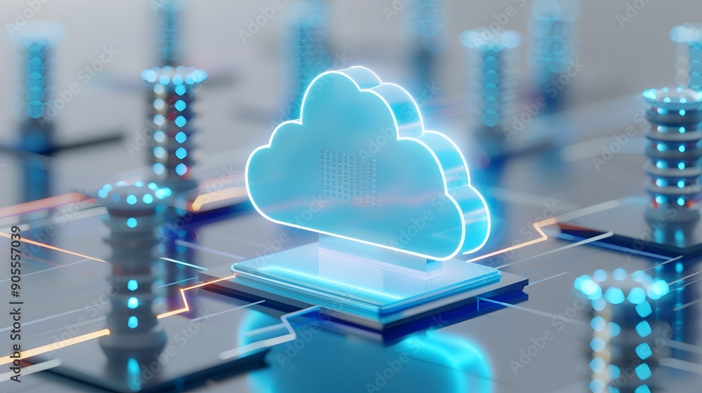 Aufkleber futuristic cloud computing illustration showcasing digital data storage and server connection in a m