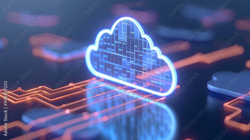 Poster futuristic cloud computing network with glowing circuits and a holographic cloud symbol, showcasing 