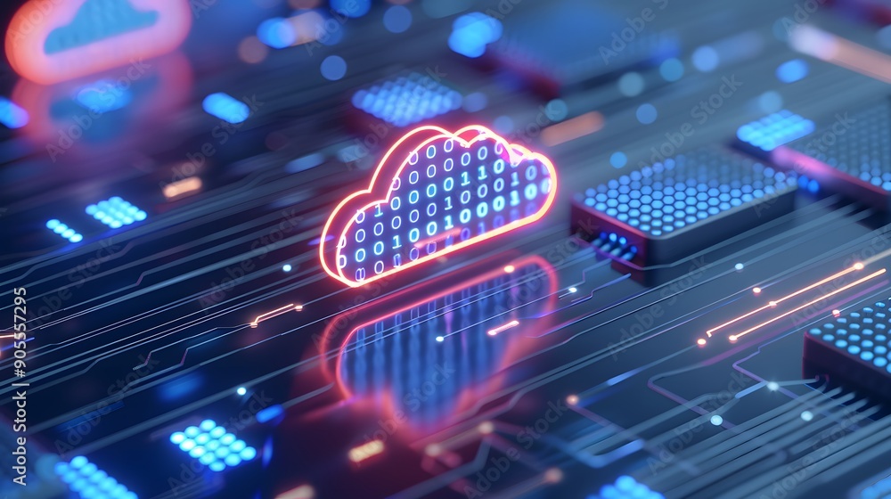 Poster futuristic cloud computing network with neon lights, showcasing connectivity and data storage techno