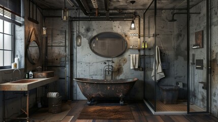 Rustic bathroom with exposed brick walls, a clawfoot tub, and industrial-style fixtures.