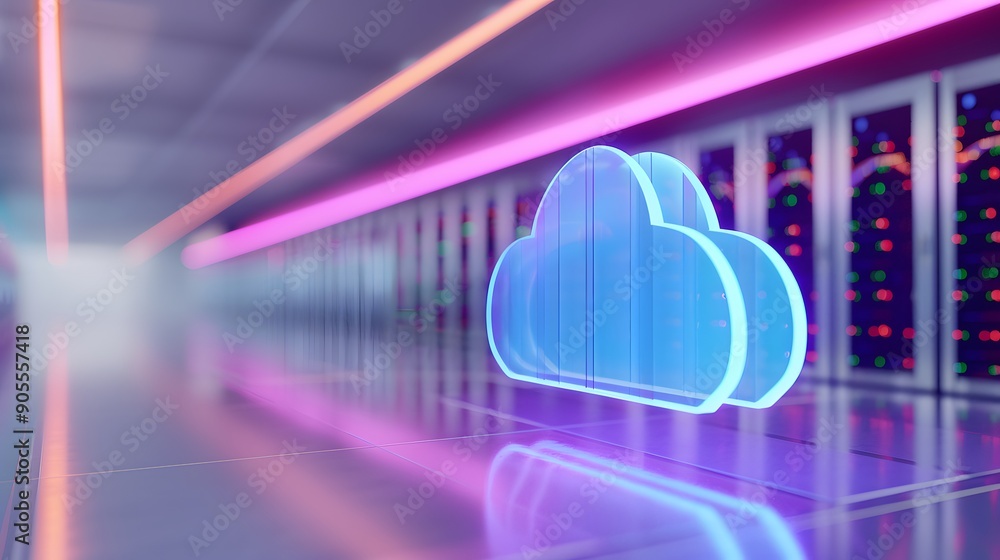 Poster futuristic cloud computing server room with glowing blue cloud icon, representing modern data storag