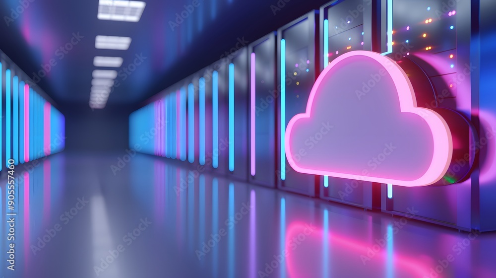Poster futuristic cloud computing server room with glowing neon lights, representing modern technology and 