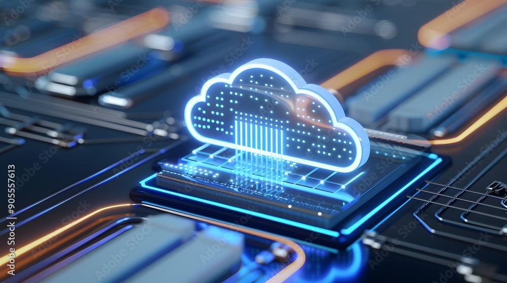 Poster futuristic cloud computing technology concept. digital cloud icon on a microchip, representing data 