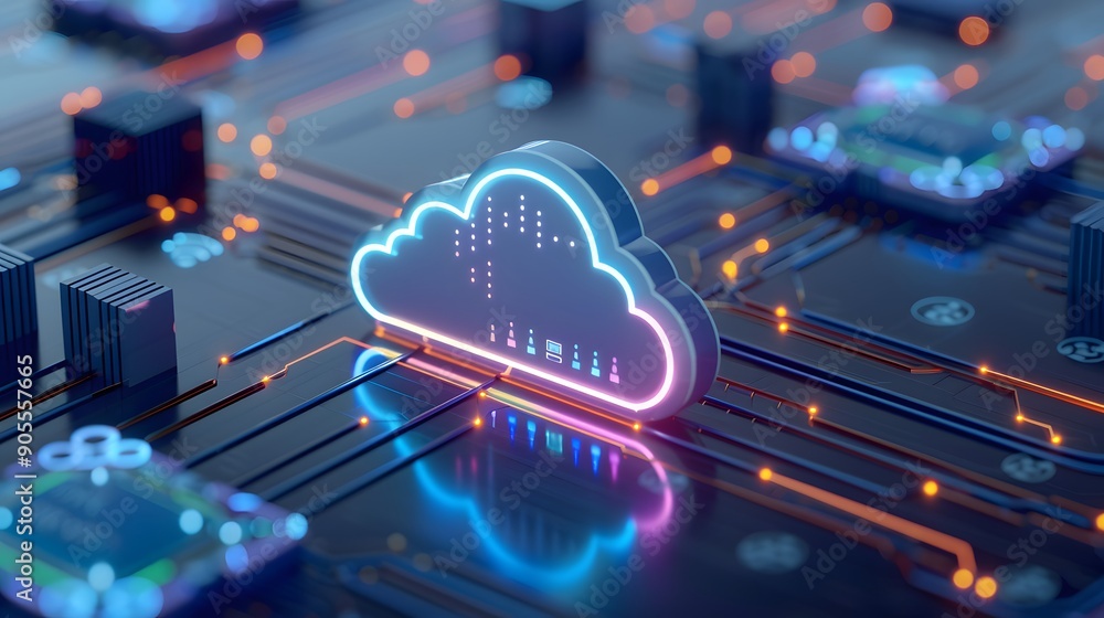 Poster futuristic cloud computing technology concept background with glowing icons and electronic circuits.