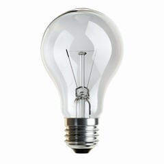 Clear Glass Light Bulb Isolated on White Background with Visible Filament and Metal Base