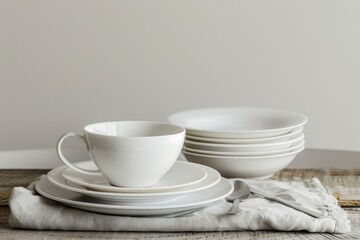 Fototapeta premium Simple and elegant white ceramic tableware set on a linen napkin. Perfect for a minimalist kitchen.