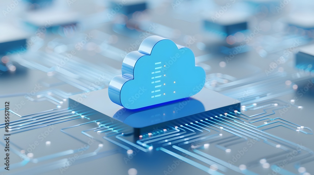 Poster futuristic cloud computing technology concept with 3d rendered cloud icon on digital circuit board r